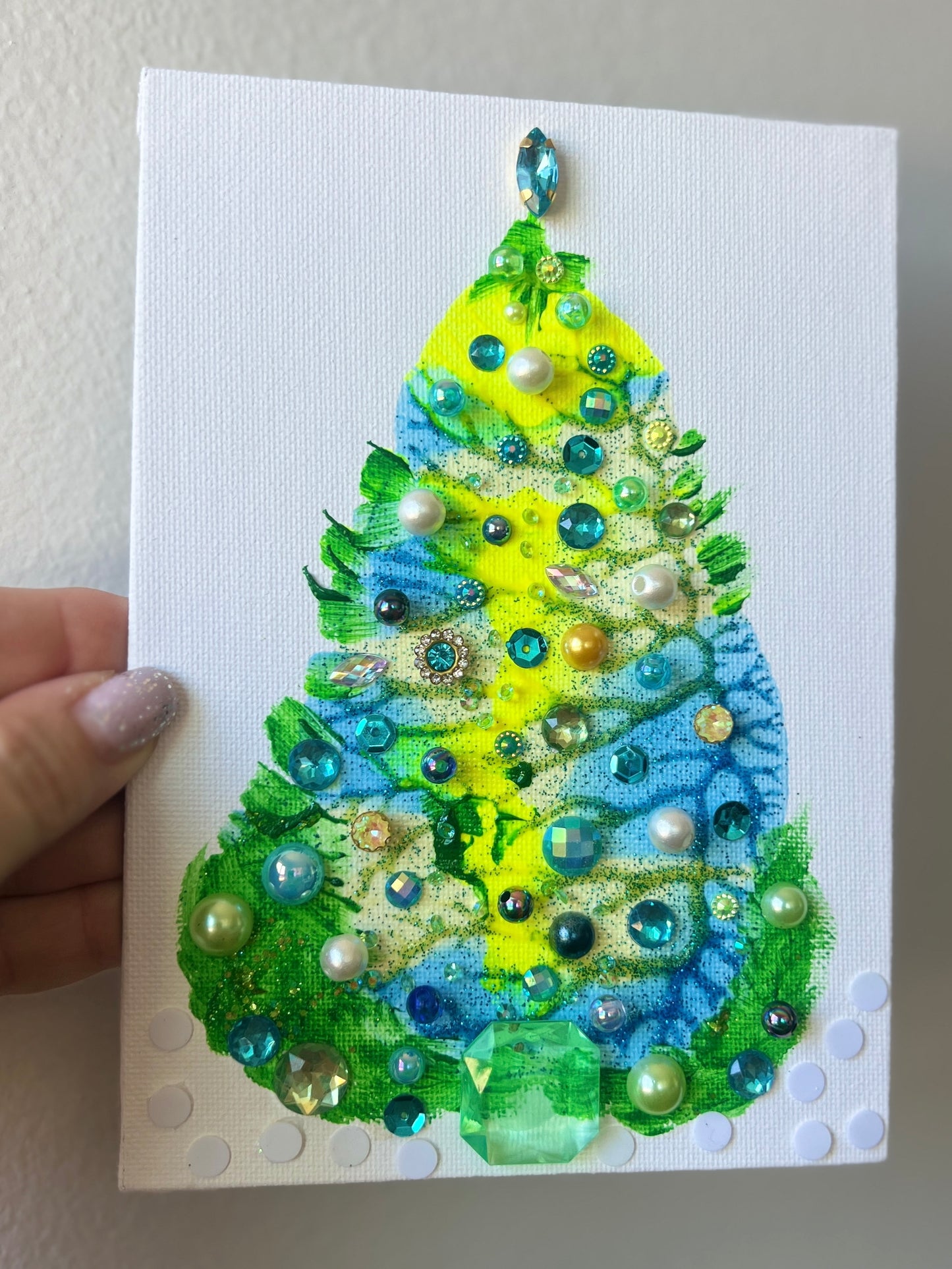 Handmade Christmas tree Lime & Blue Jeweled Christmas Tree – 5x7 Original