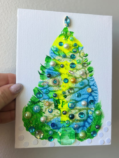 Handmade Christmas tree Lime & Blue Jeweled Christmas Tree – 5x7 Original