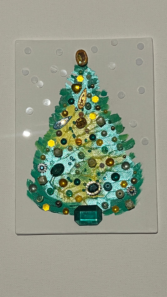Emerald Snowfall 
handmade 3D Christmas tree painting (5×7 in)