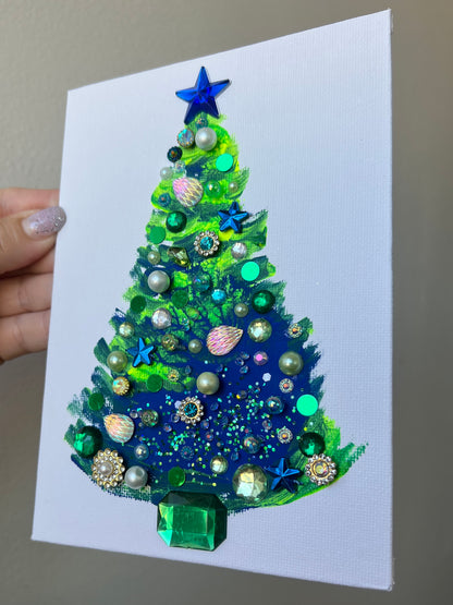 Blue & Green Jeweled Christmas Tree – 5x7 Original