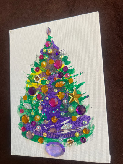 Purple & Gold Jeweled Christmas Tree – 5x7 Original painting