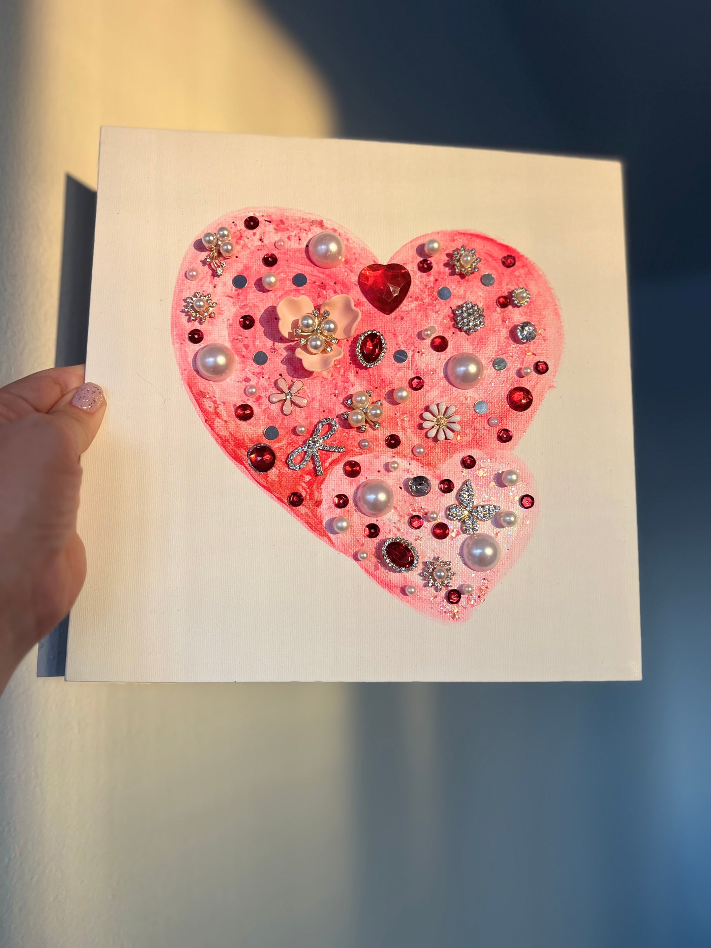 Pink & Ruby Jeweled Hearts – 10x10 Original painting