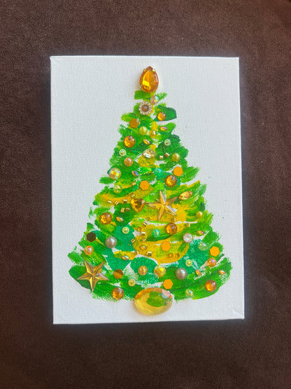 Green & Gold Jeweled Christmas Tree – 5x7 Original painting