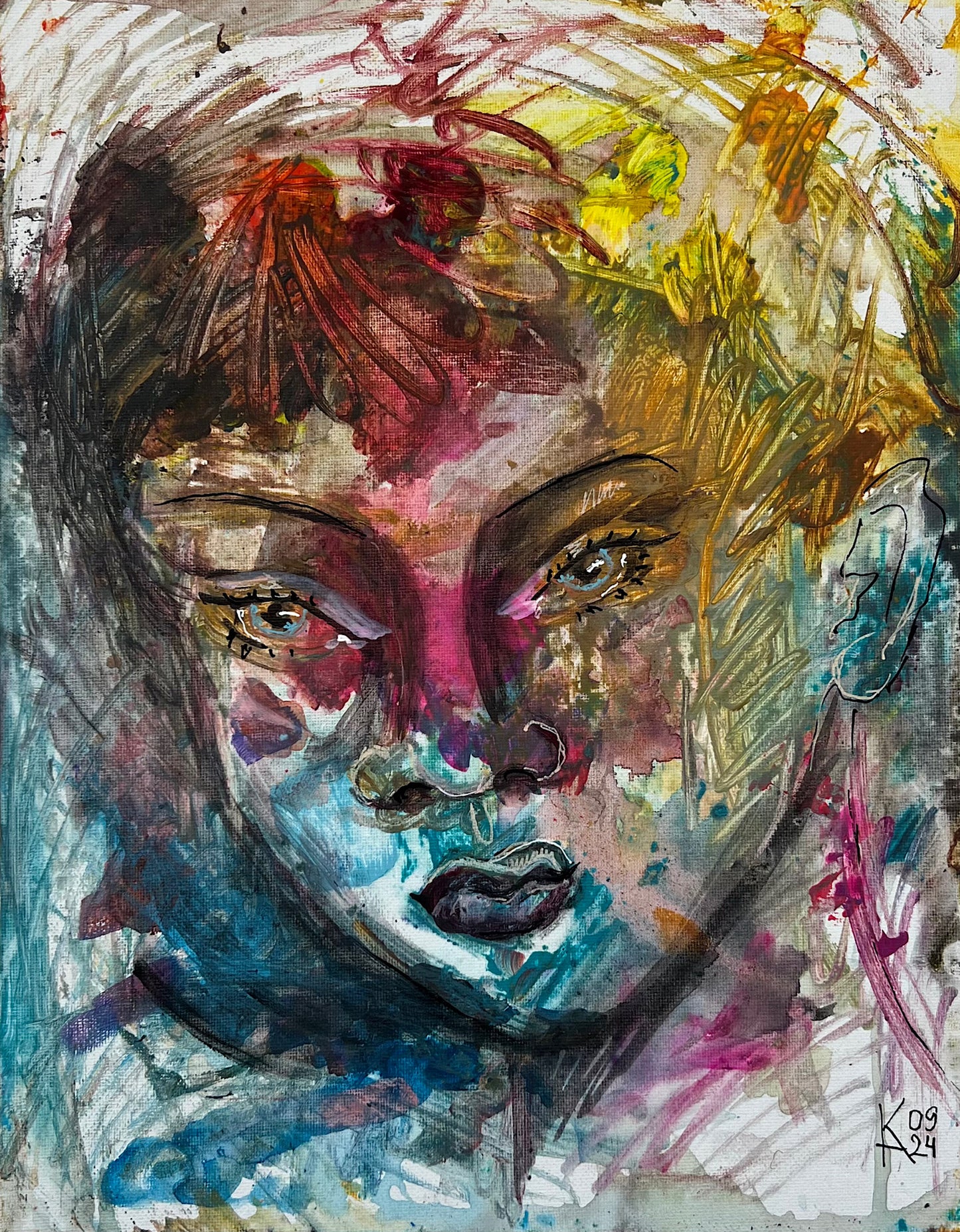 Abstract painting of a face with vibrant colors and artistic brushstrokes.