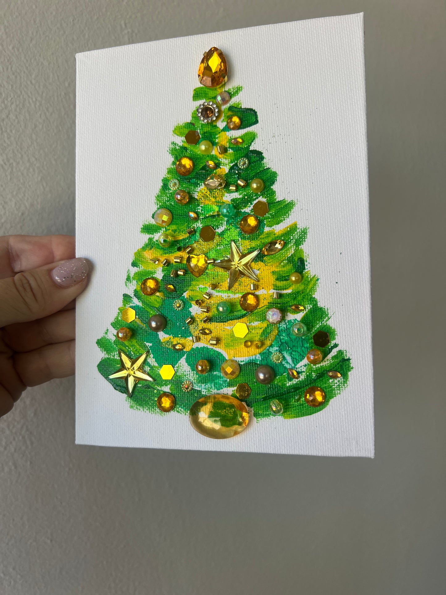 Green & Gold Jeweled Christmas Tree – 5x7 Original painting