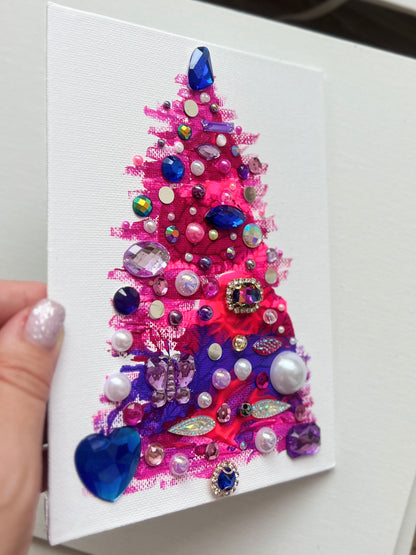 Handmade Textured Pink & Purple Christmas Tree Art – 5x7" (12.7x17.8 cm) Canvas Board