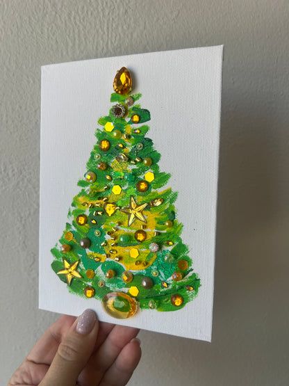 Green & Gold Jeweled Christmas Tree – 5x7 Original painting
