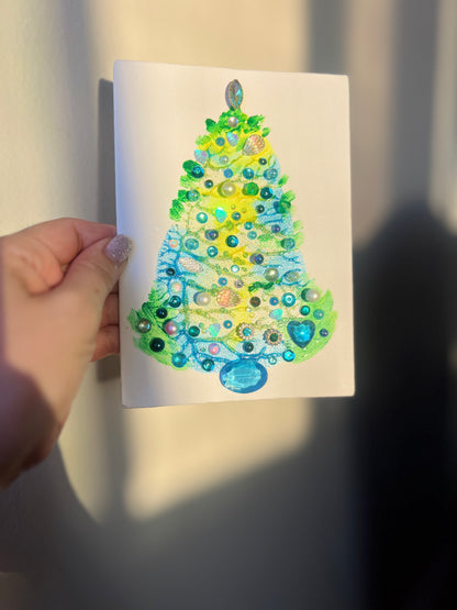 Yellow & Aqua Jeweled Christmas Tree – 5x7 Original painting