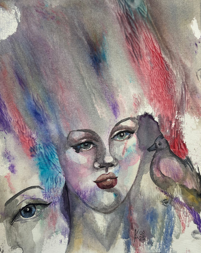 The Bird Whisperer Original Watercolor Painting, 11 x 14 inches (28 x 36 cm)