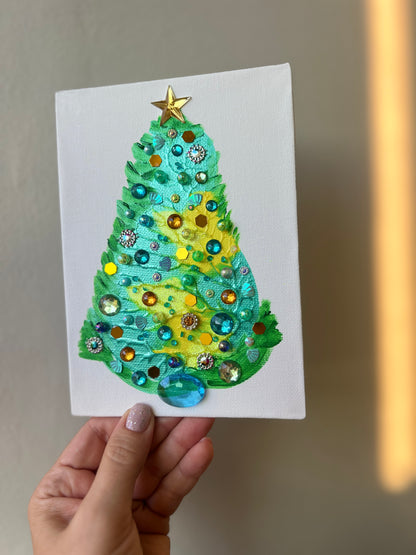 Aqua & Gold Jeweled Christmas Tree – 5x7 Original painting