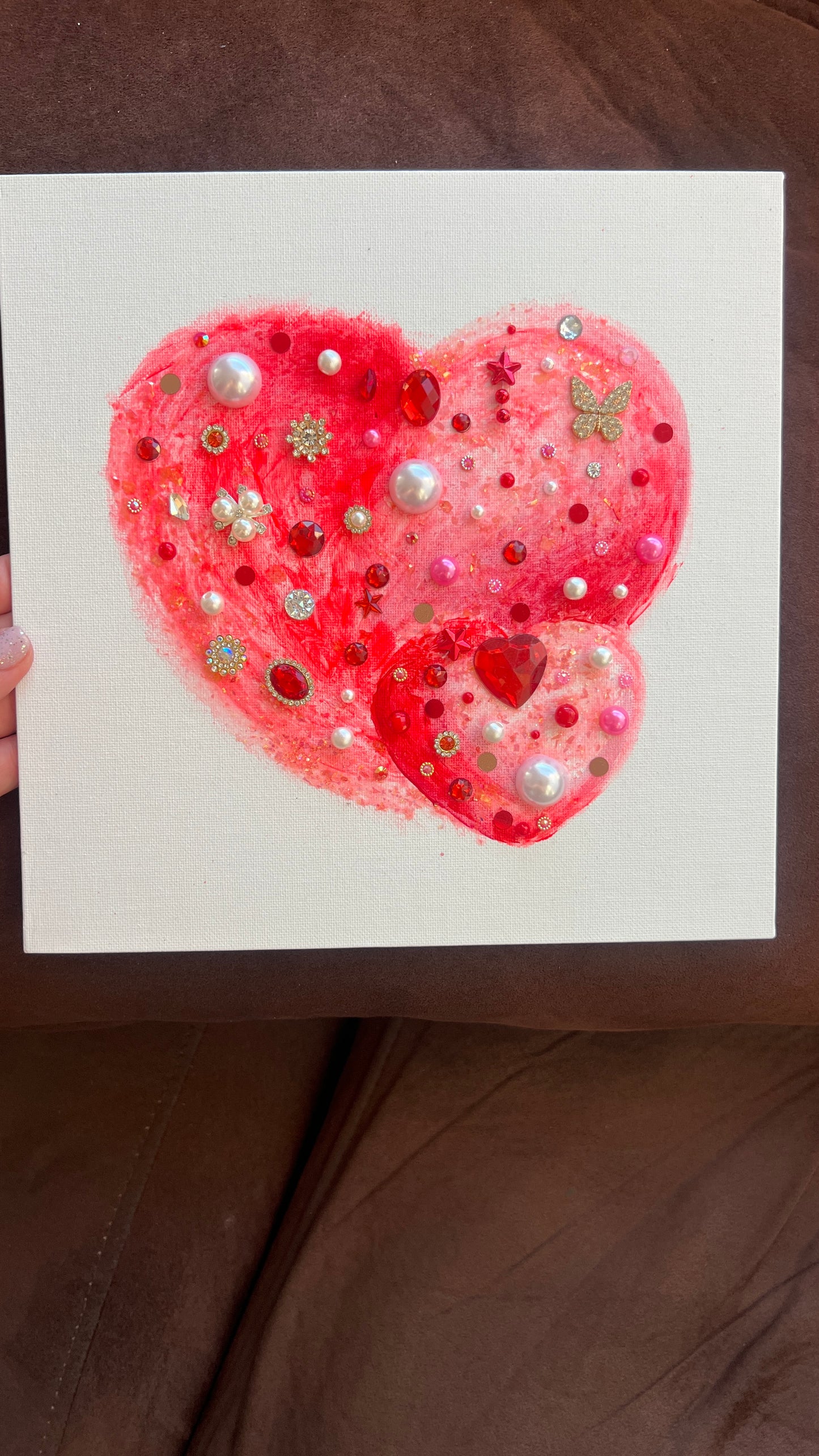 Coral Glitter Heart Duo – 10x10 Original painting