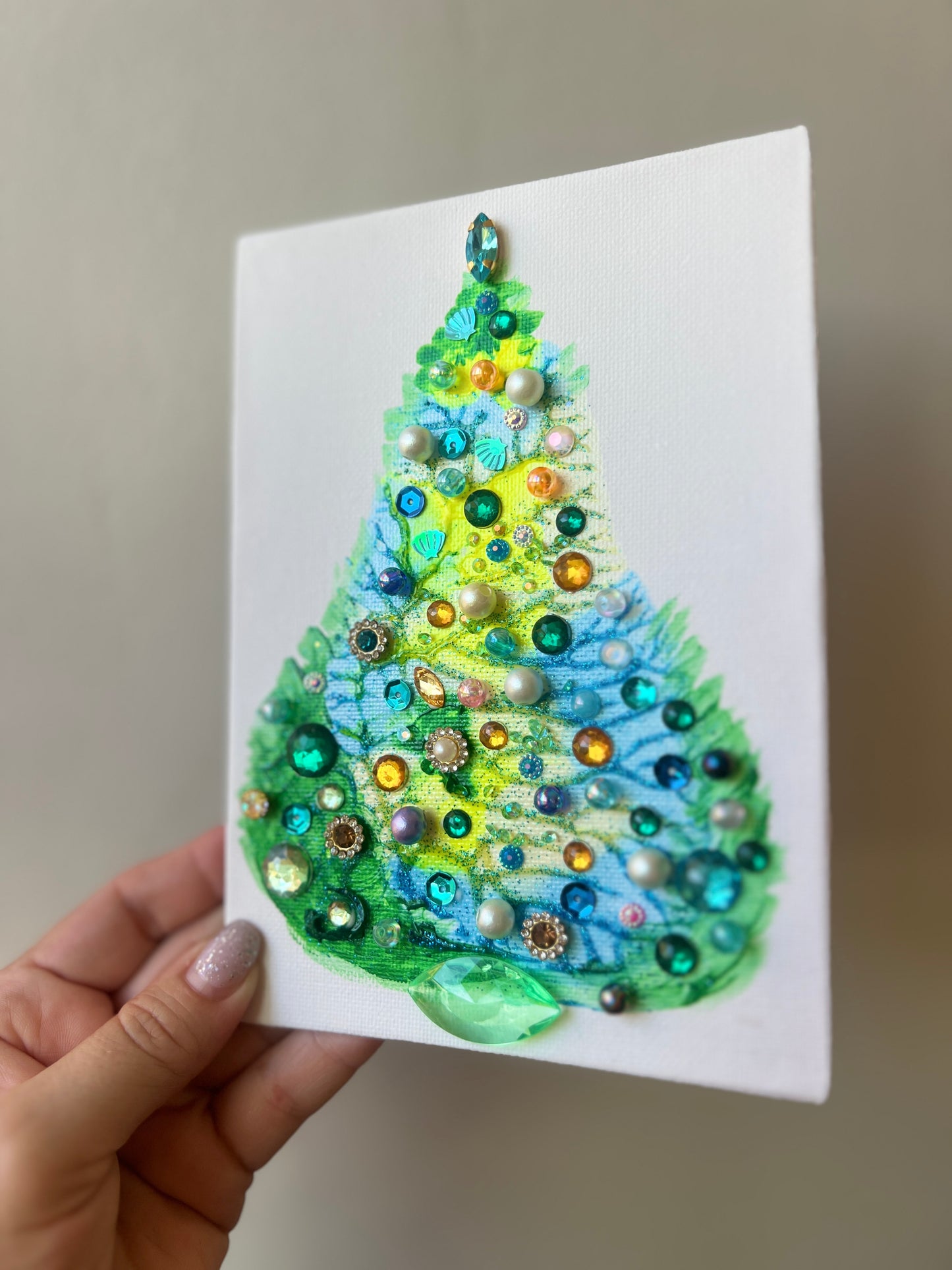 Lime, Blue & Green Jeweled Christmas Tree – 5x7 Original painting
