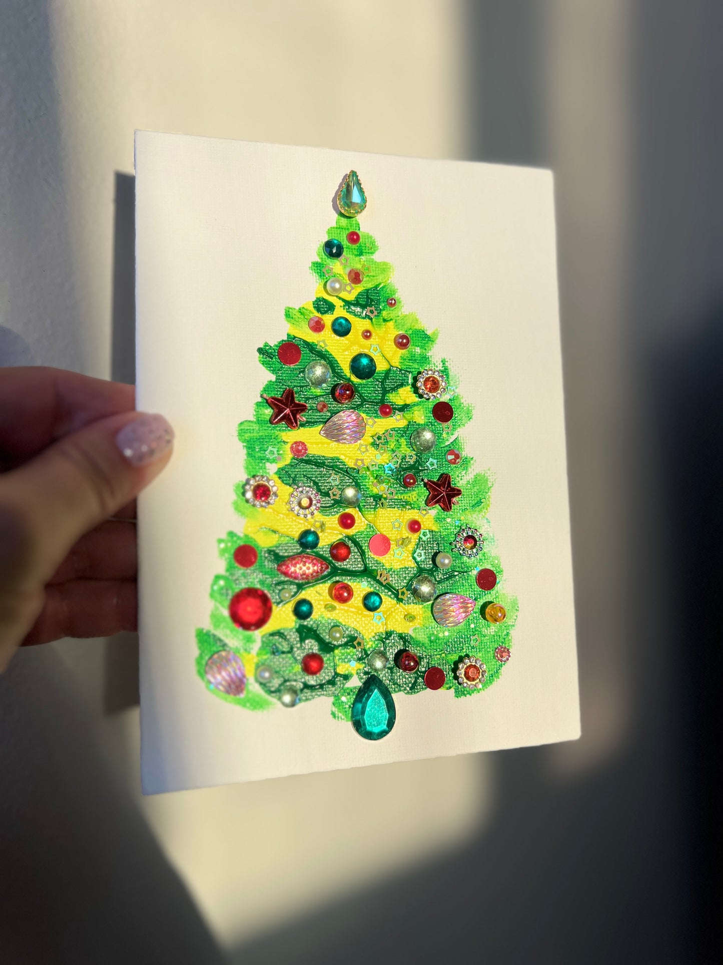 Classic Red & Green Jeweled Christmas Tree – 5x7 Original painting