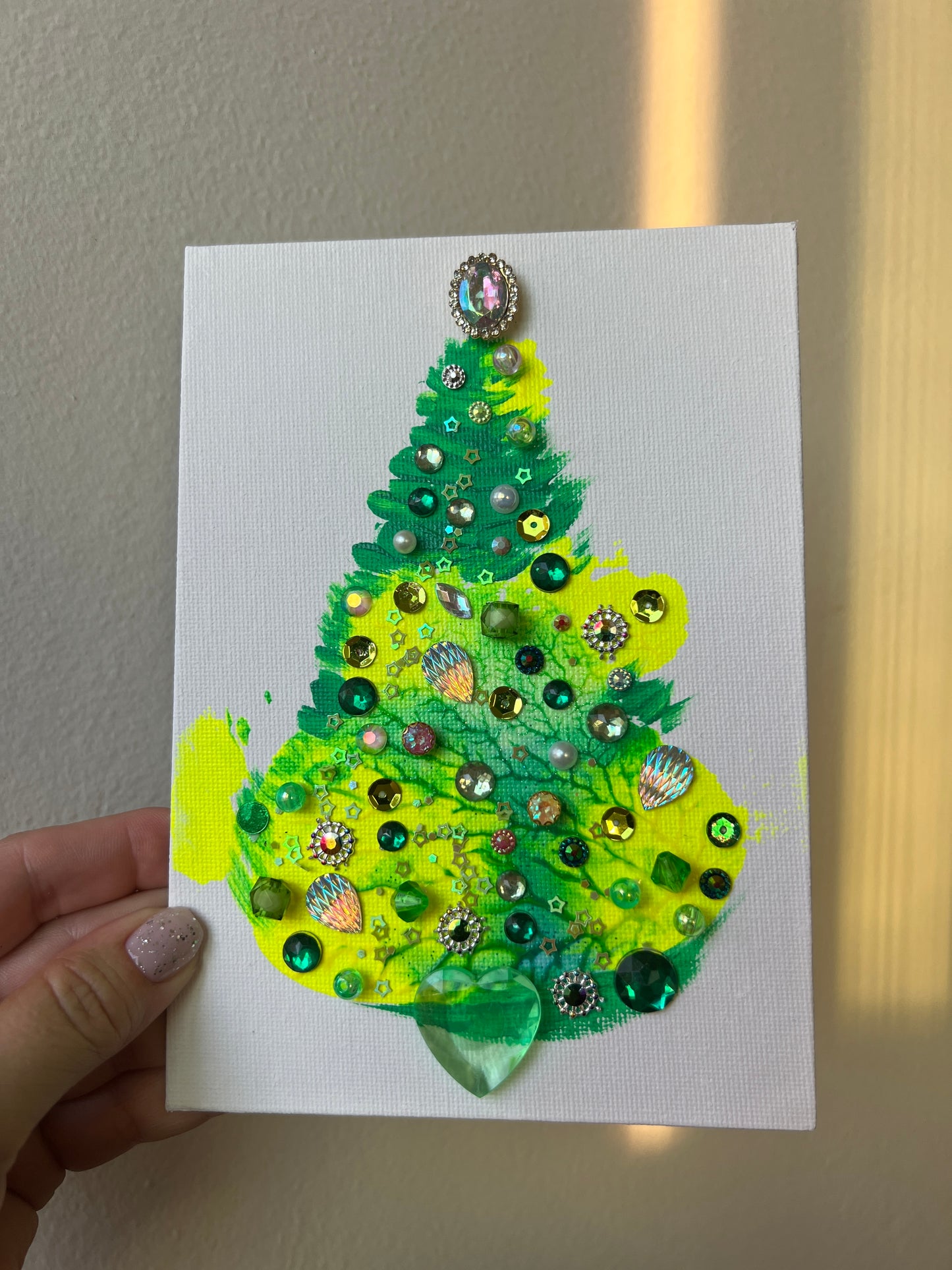Lime & Teal Jeweled Christmas Tree – 5x7 Original painting