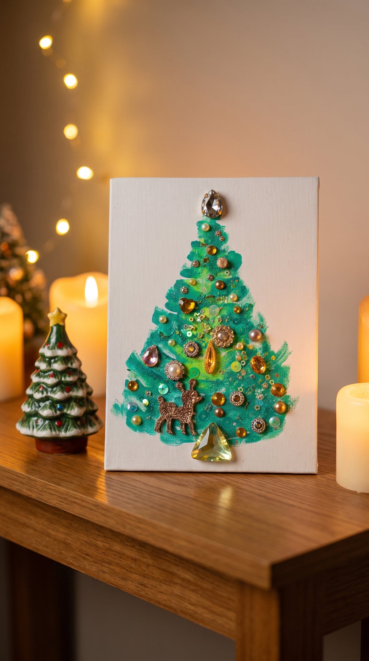 Evergreen & Gold Reindeer Christmas Tree – 5x7 Original painting