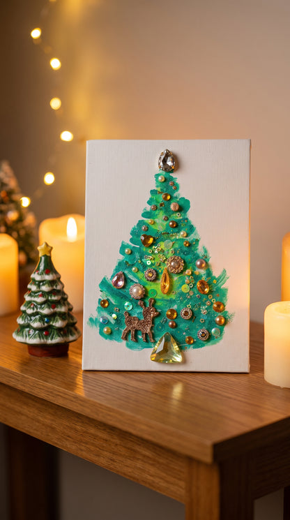 Evergreen & Gold Reindeer Christmas Tree – 5x7 Original painting