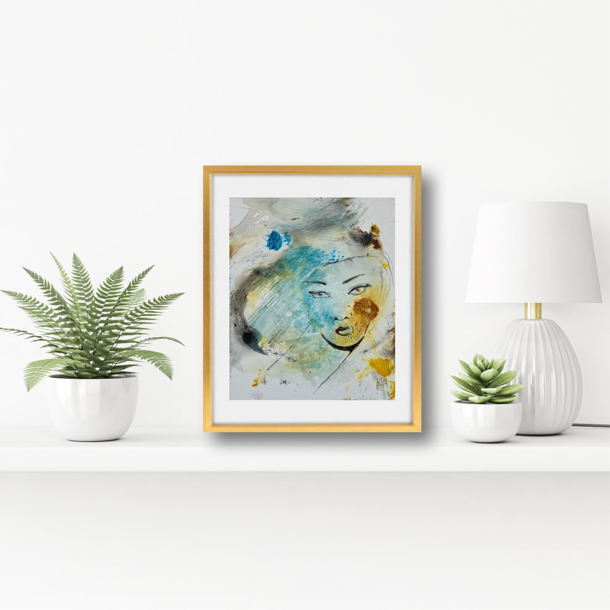 Side view of original acrylic painting Woman Flower, textured brushwork, 11x14 canvas board