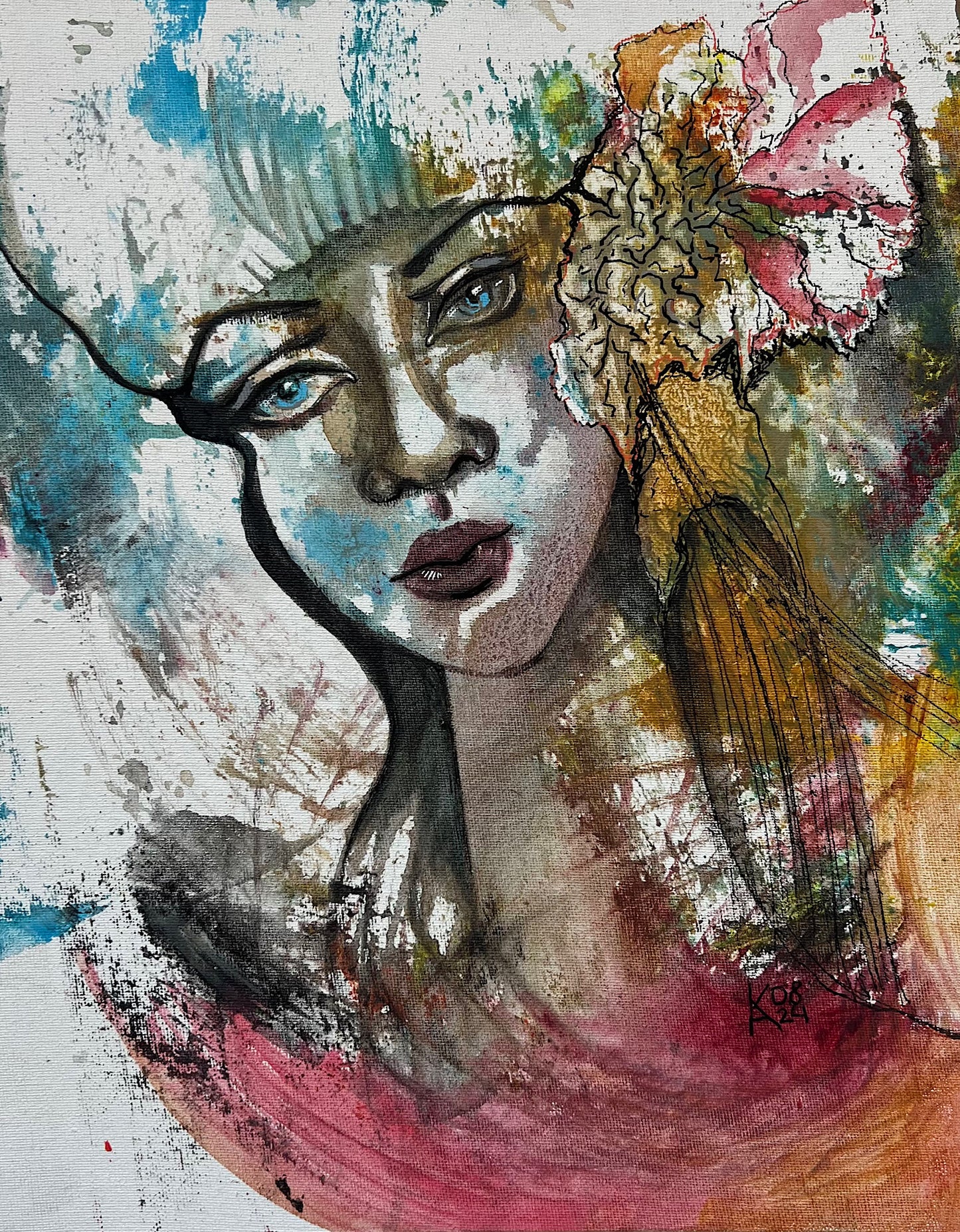 Original acrylic portrait painting on canvas board, female figure in muted autumn tones, surrealism style, 11x14 inches
