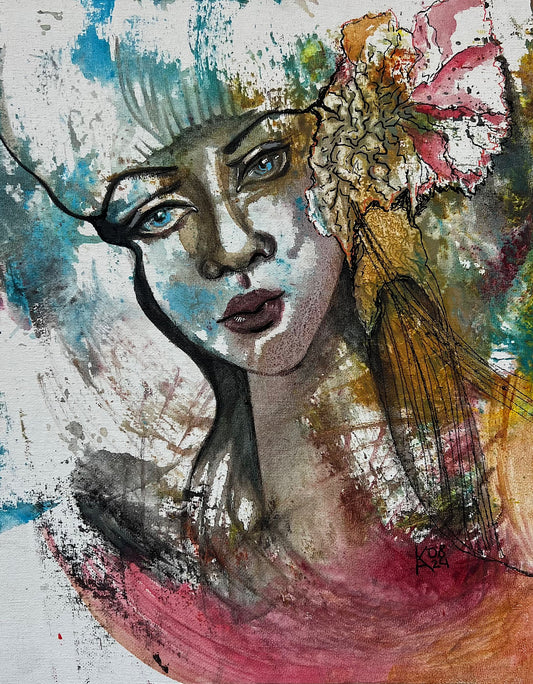 Original acrylic portrait painting on canvas board, female figure in muted autumn tones, surrealism style, 11x14 inches