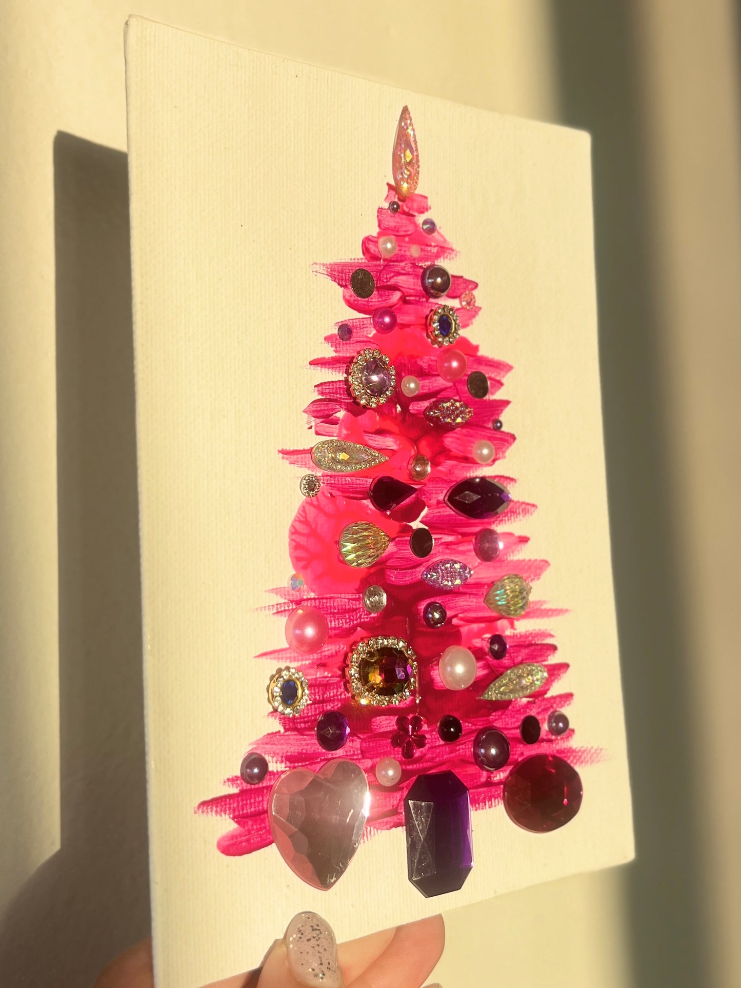 Handmade Textured Pink Christmas Tree Art – 5x7" (12.7x17.8 cm) Canvas Board
