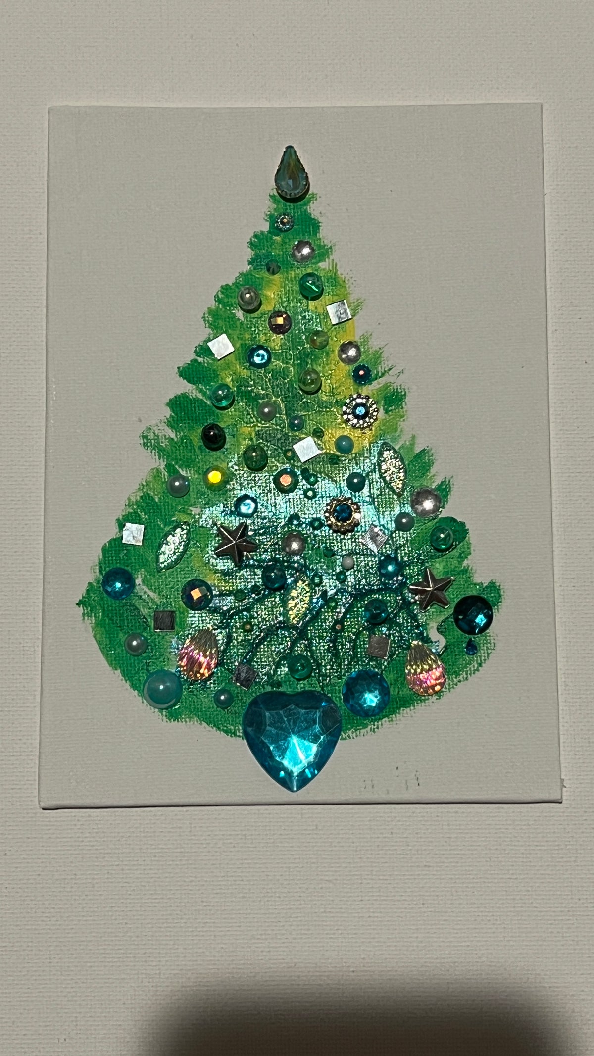 Aqua Heart Jeweled Christmas Tree – 5x7 Original painting
