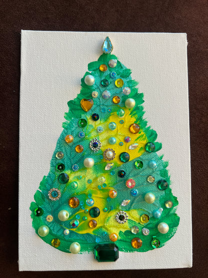 Aqua, Yellow & Emerald Jeweled Christmas Tree – 5x7 Original painting