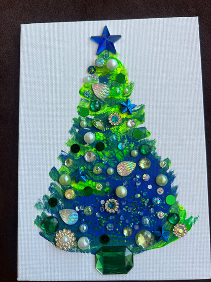 Blue & Green Jeweled Christmas Tree – 5x7 Original