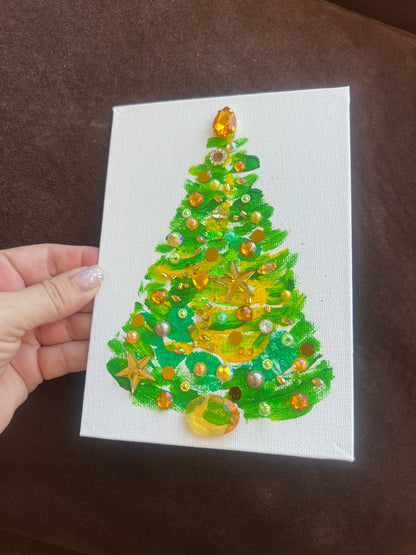 Green & Gold Jeweled Christmas Tree – 5x7 Original painting