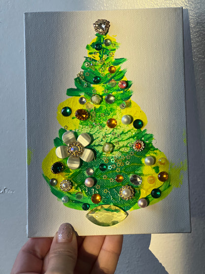 Emerald & Sunshine Jeweled Christmas Tree – 5x7 Original painting
