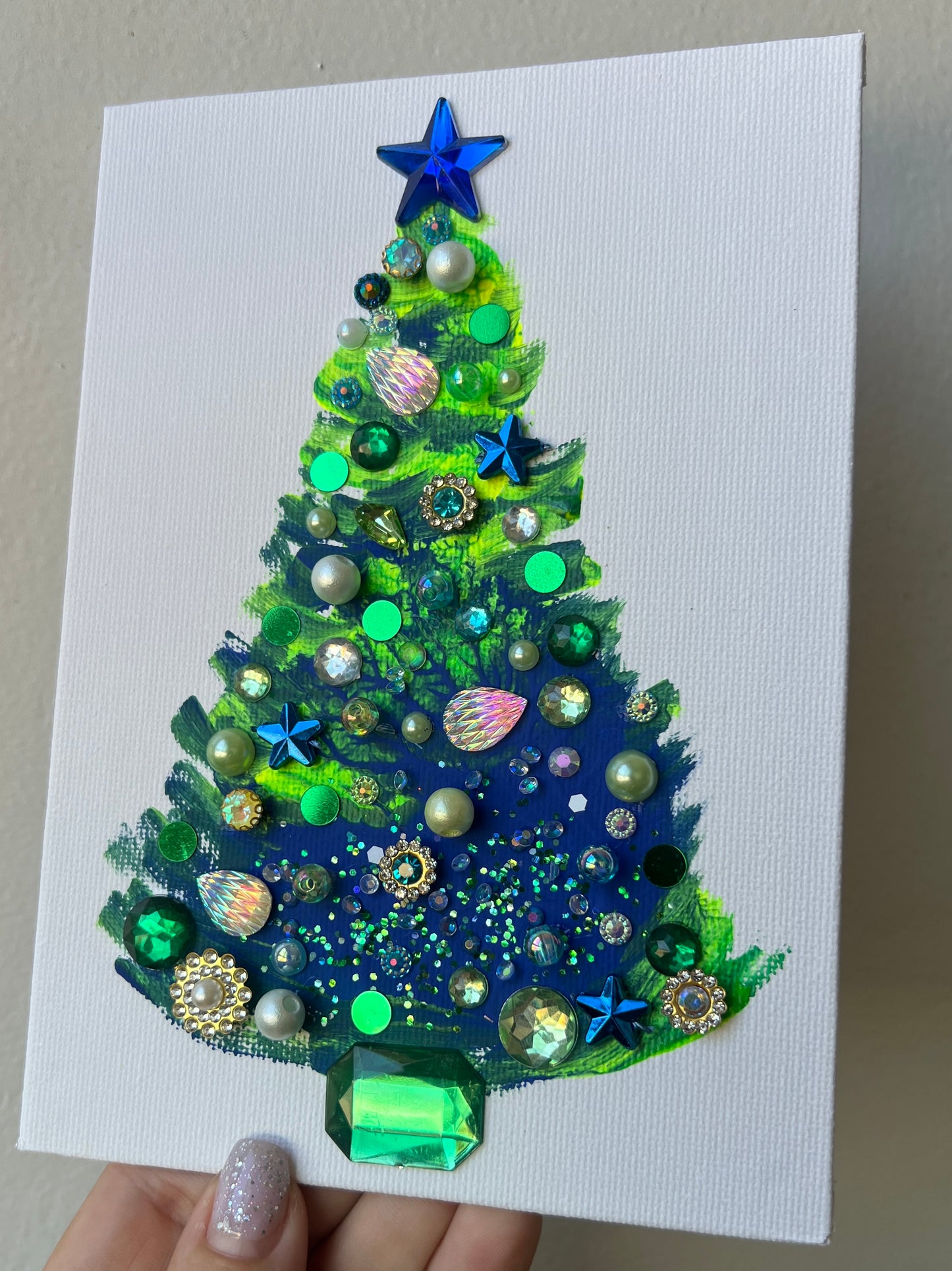 Blue & Green Jeweled Christmas Tree – 5x7 Original