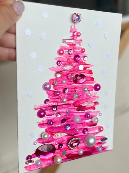 Handmade Textured Pink Christmas Tree Art – 5x7" (12.7x17.8 cm) Canvas Board