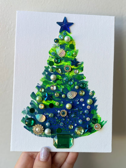 Blue & Green Jeweled Christmas Tree – 5x7 Original