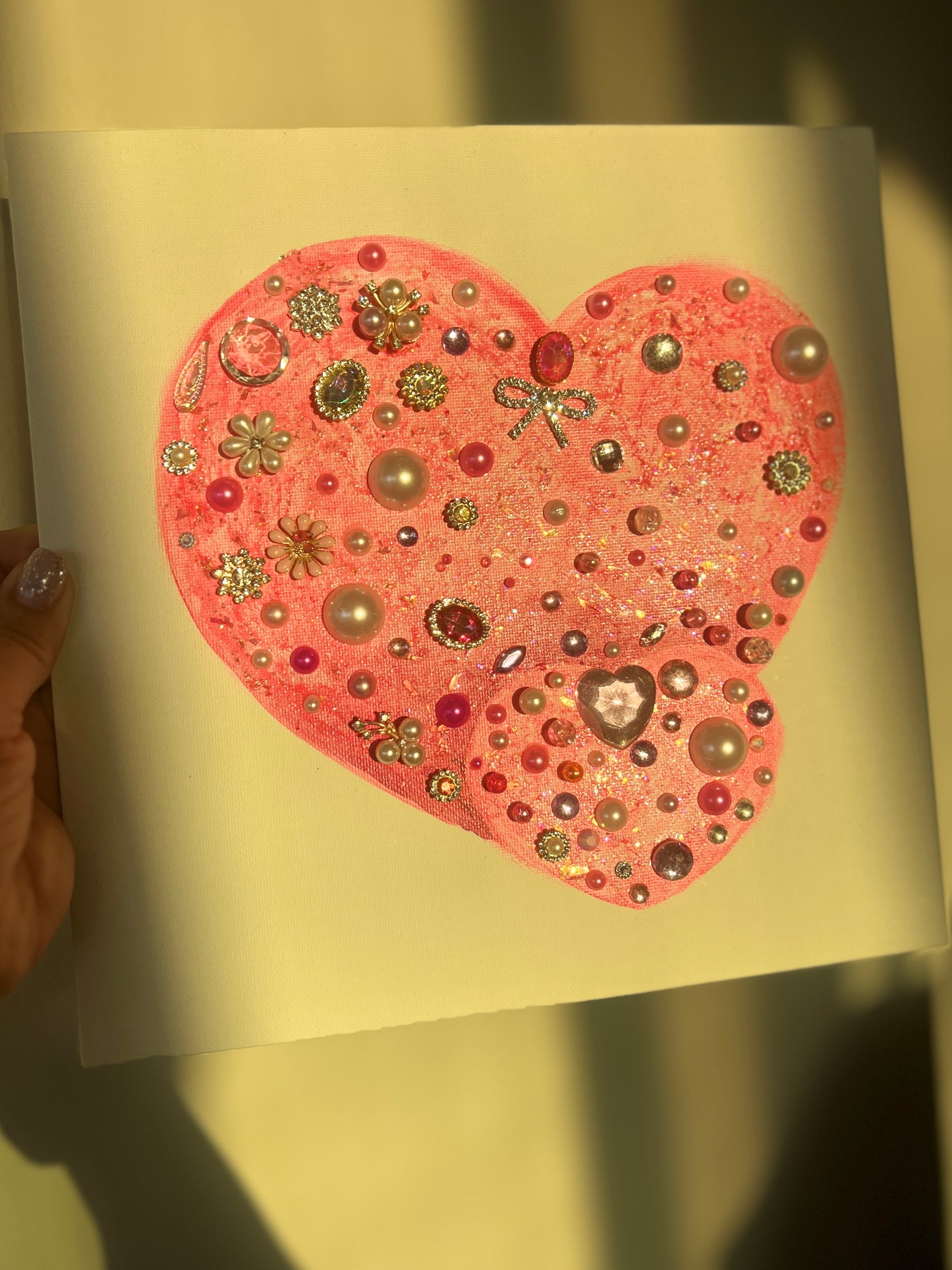 Pink heart with rhinestones and beads Pink Jeweled Hearts 10x10 Original painting