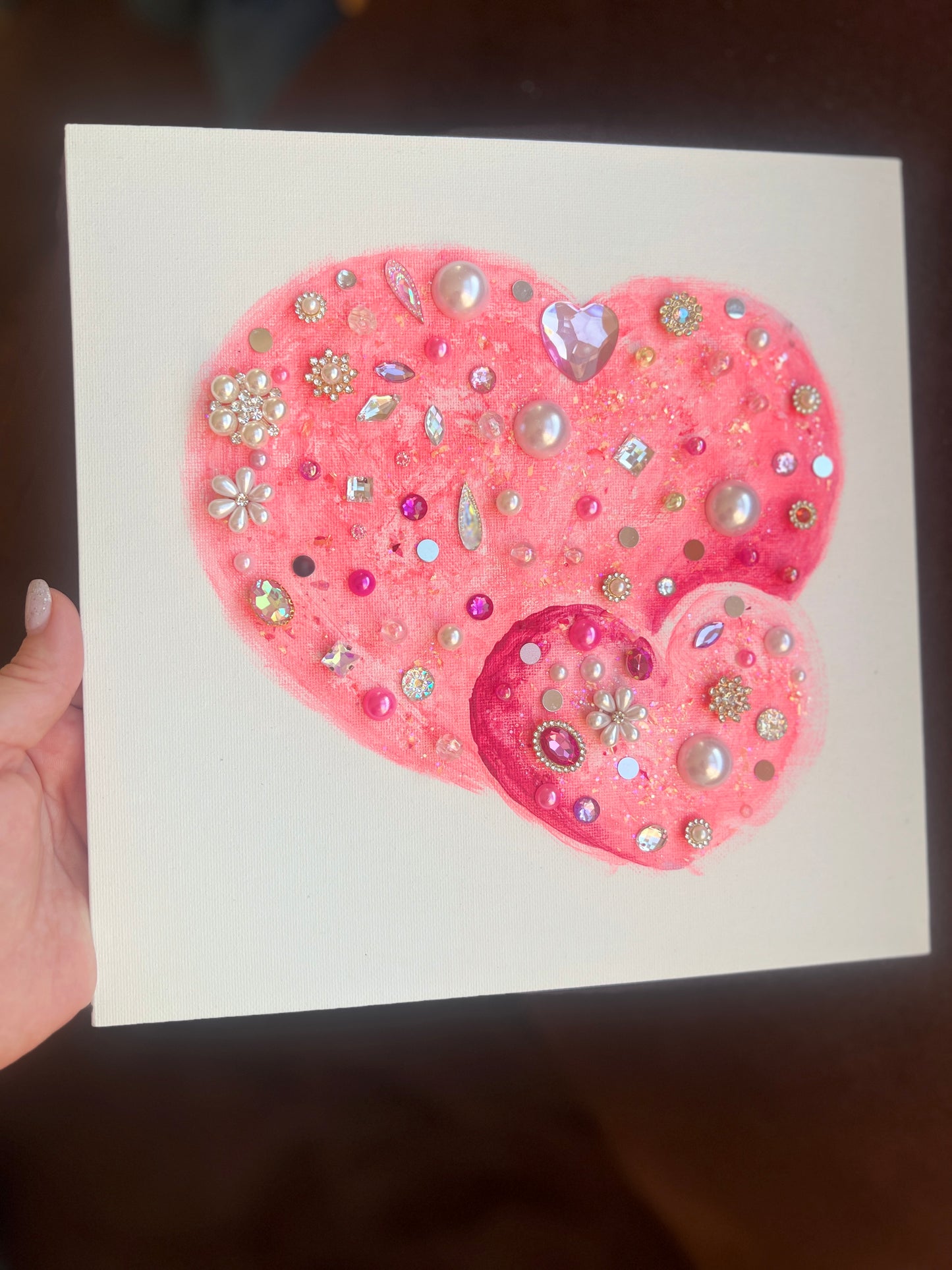 Pink heart with rhinestones and pearls Pink Jeweled Hearts – 10x10 Original painting