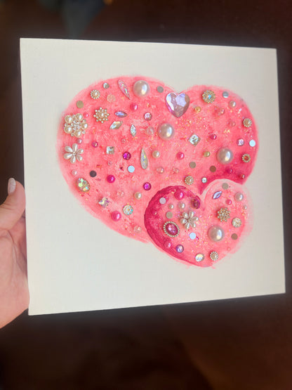 Pink heart with rhinestones and pearls Pink Jeweled Hearts – 10x10 Original painting