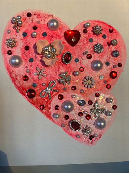 Pink & Ruby Jeweled Hearts – 10x10 Original painting