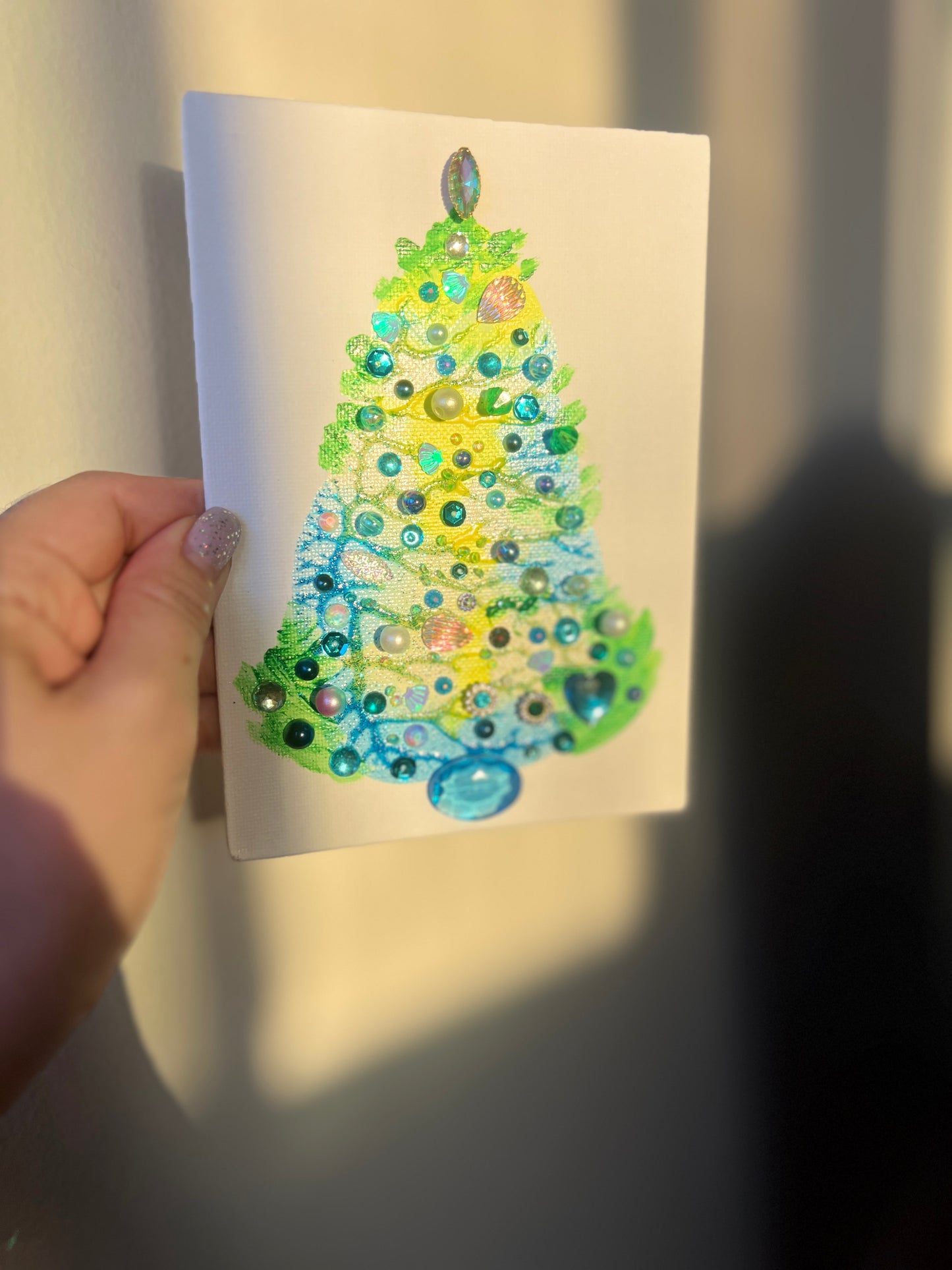 Yellow & Aqua Jeweled Christmas Tree – 5x7 Original painting