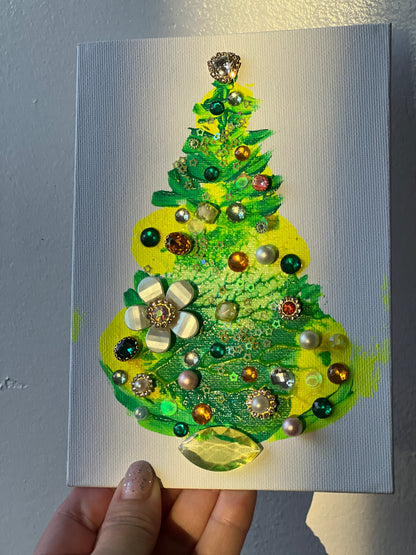 Emerald & Sunshine Jeweled Christmas Tree – 5x7 Original painting