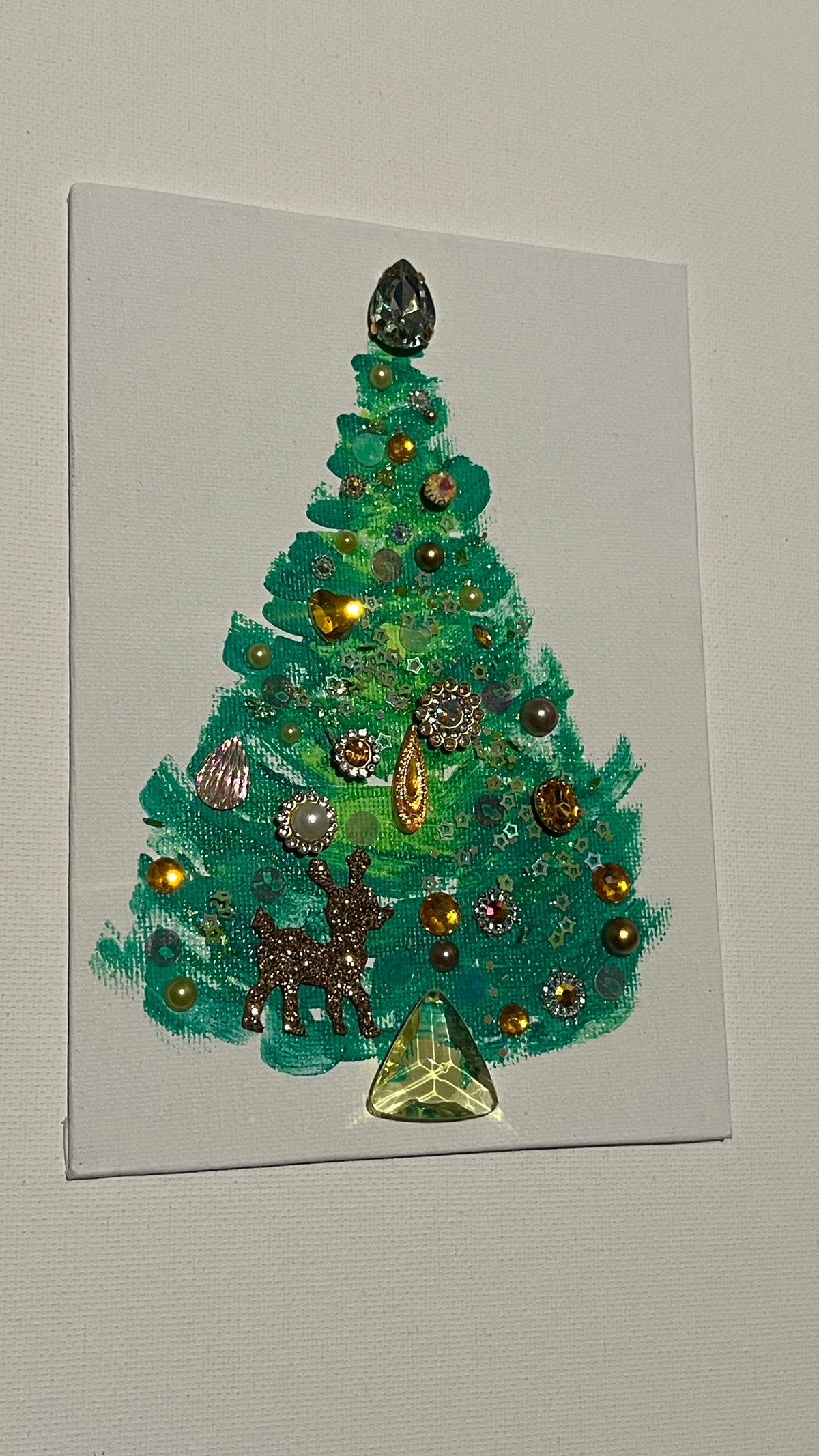 Evergreen & Gold Reindeer Christmas Tree – 5x7 Original painting