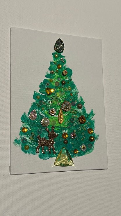 Evergreen & Gold Reindeer Christmas Tree – 5x7 Original painting