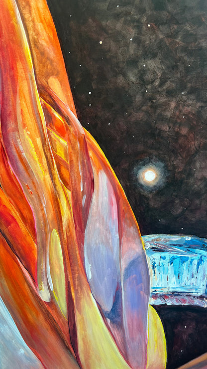 Artistic depiction of a fiery creature with a futuristic cityscape and moon in the background