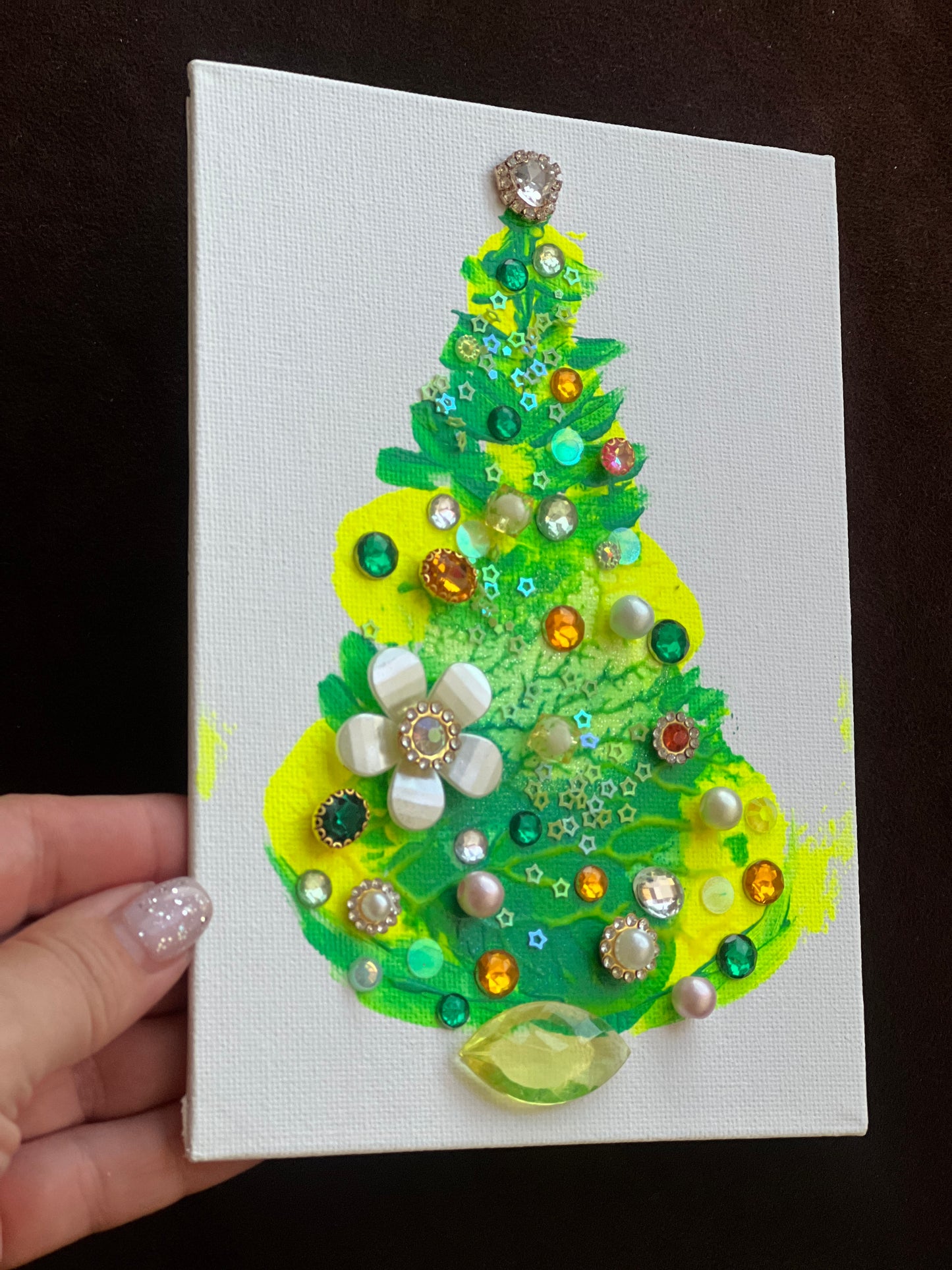 Emerald & Sunshine Jeweled Christmas Tree – 5x7 Original painting