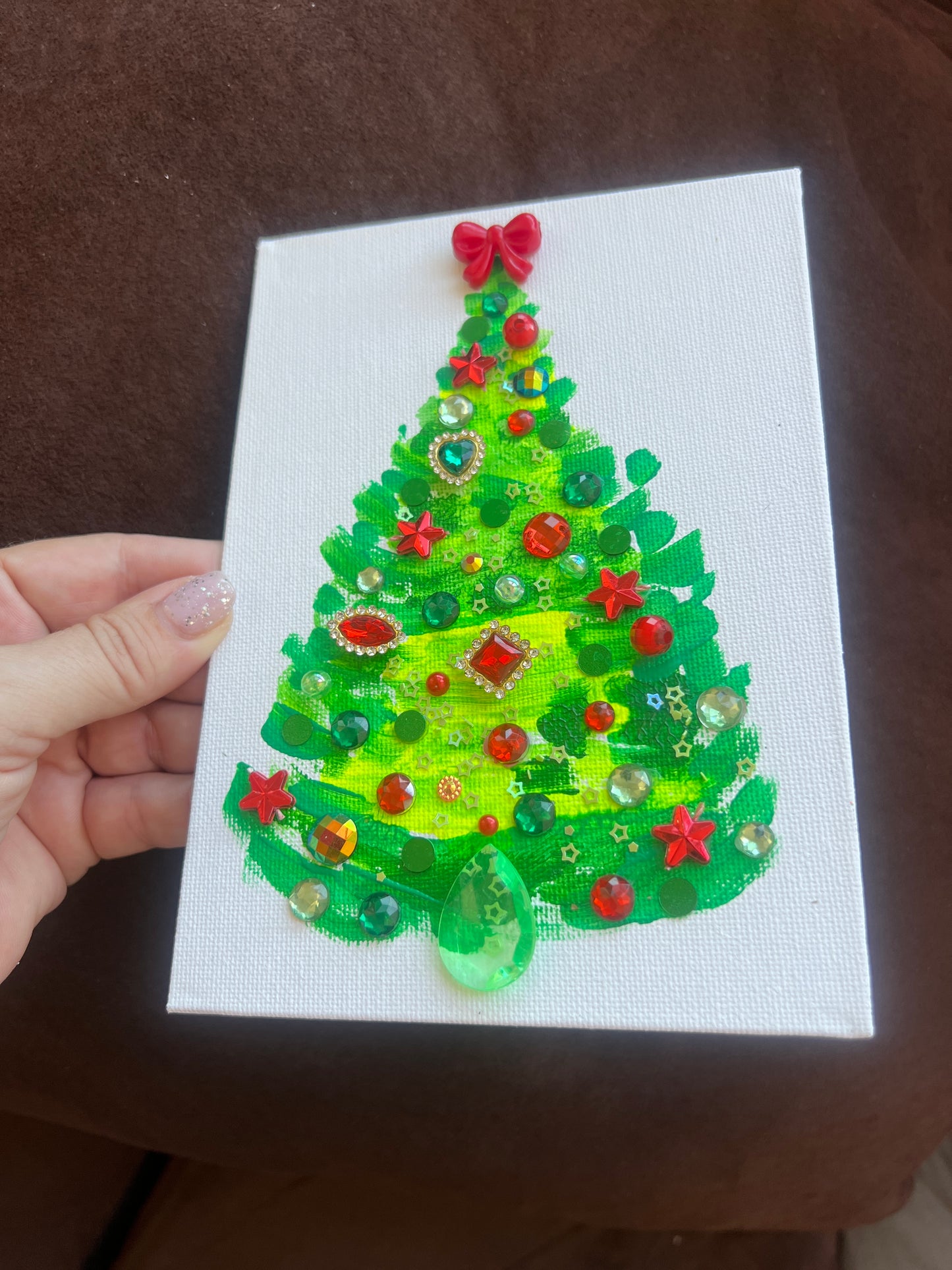 Classic Red & Green Jeweled Christmas Tree – 5x7 Original painting