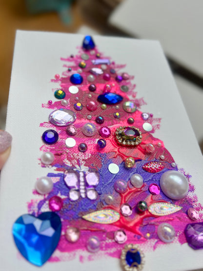 Handmade Textured Pink & Purple Christmas Tree Art – 5x7" (12.7x17.8 cm) Canvas Board