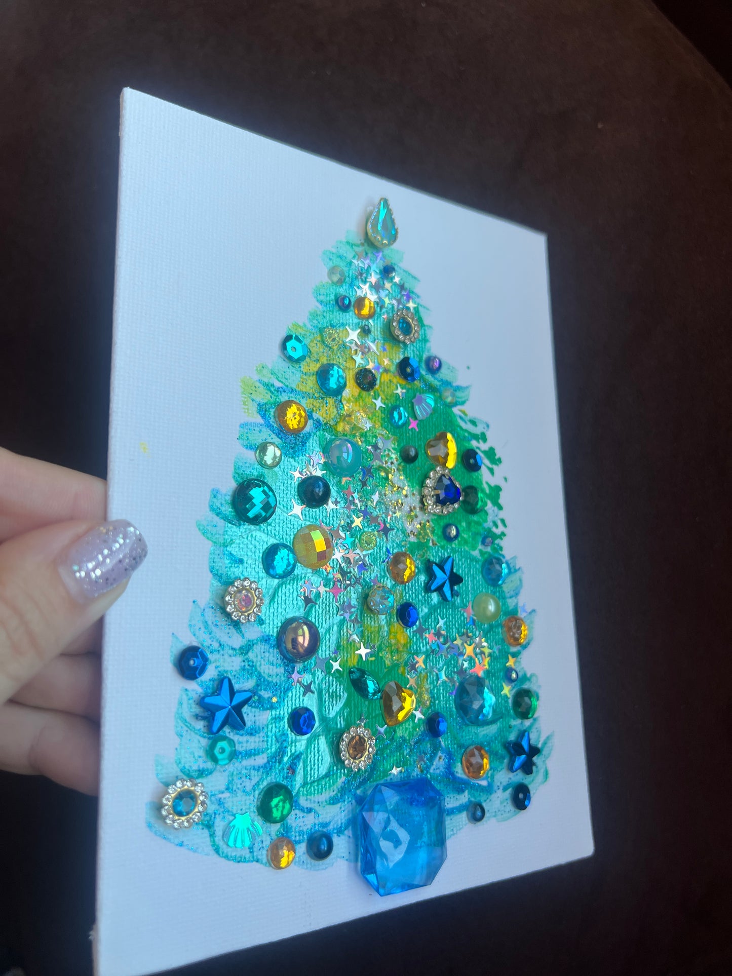 Teal & Gold Christmas Tree Art - 5x7 Original painting