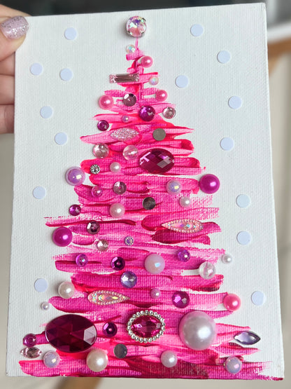 Handmade Textured Pink Christmas Tree Art – 5x7" (12.7x17.8 cm) Canvas Board