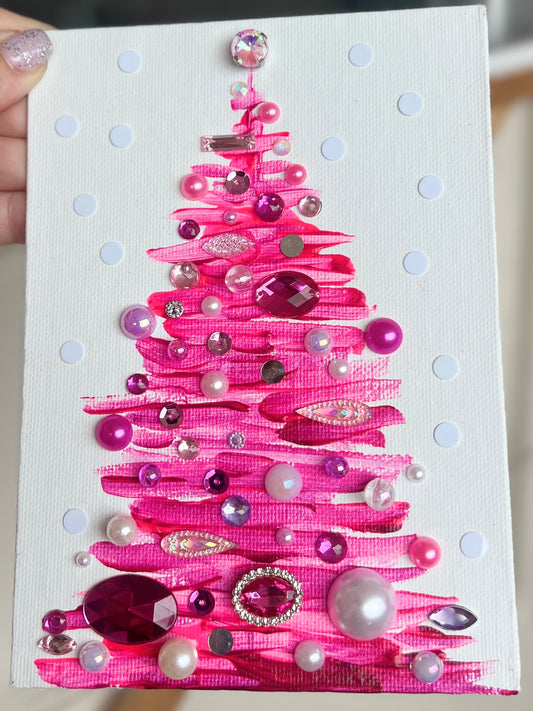 Handmade Textured Pink Christmas Tree Art – 5x7" (12.7x17.8 cm) Canvas Board