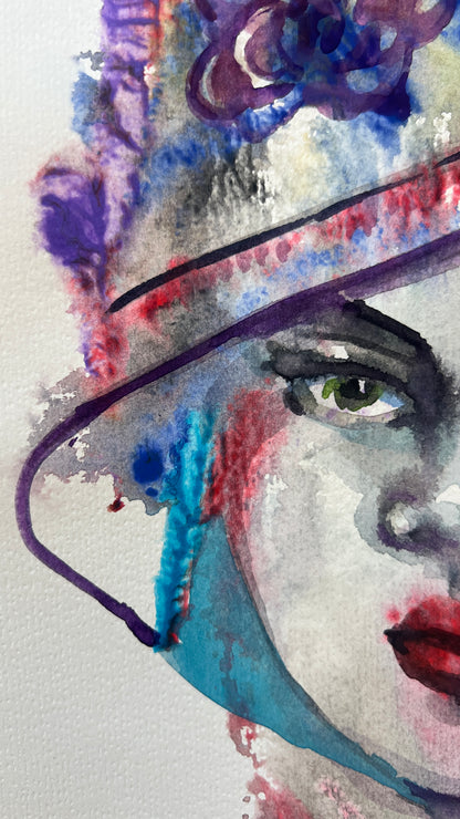 Original watercolor painting The Flower Hat 11x14 inch