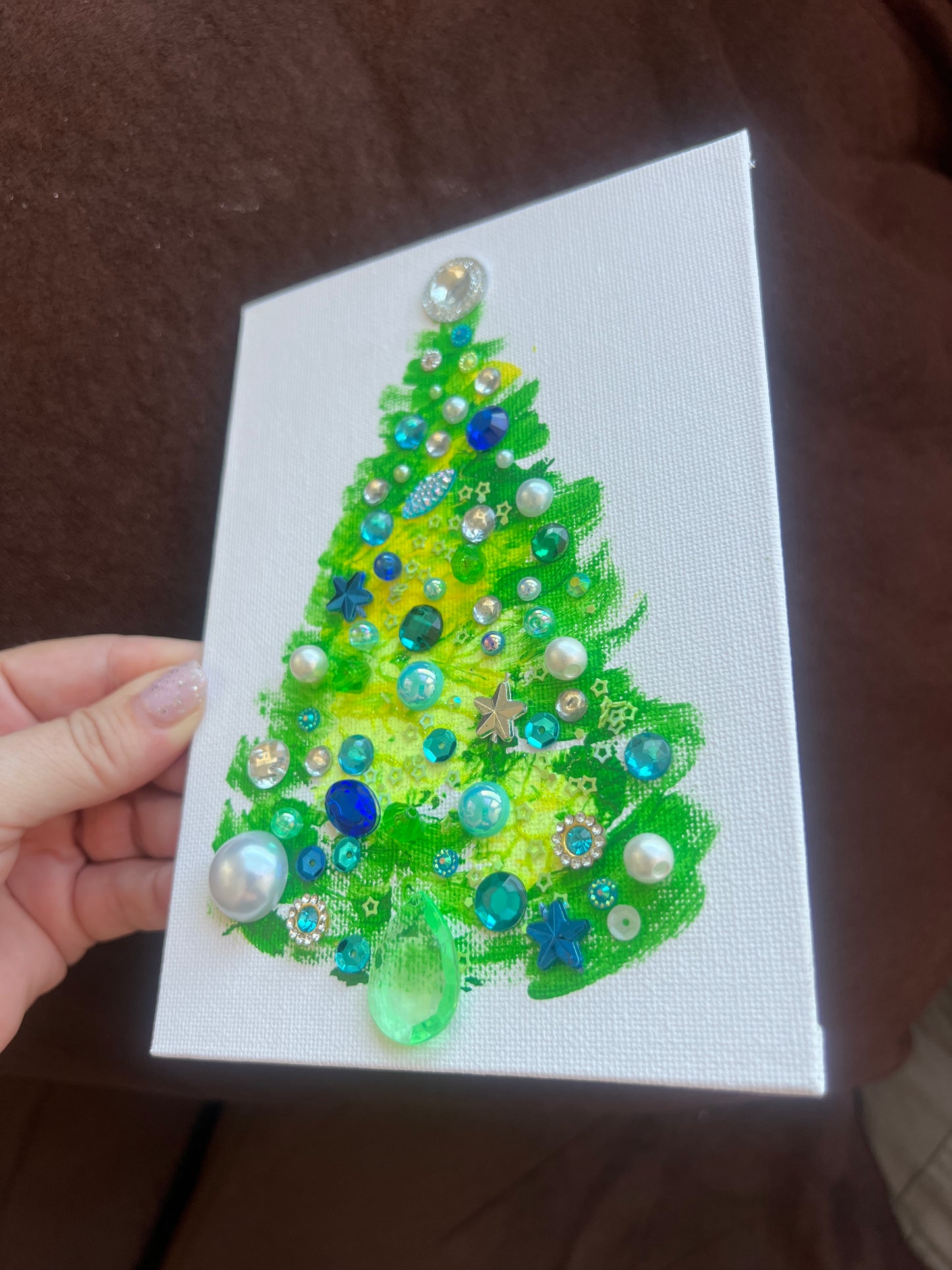 Green, Blue & Pearl Jeweled Christmas Tree – 5x7 Original painting