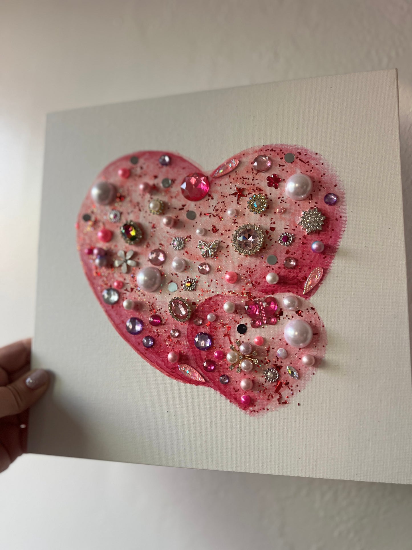 Pink Glitter Jeweled Hearts – 10x10 Original painting